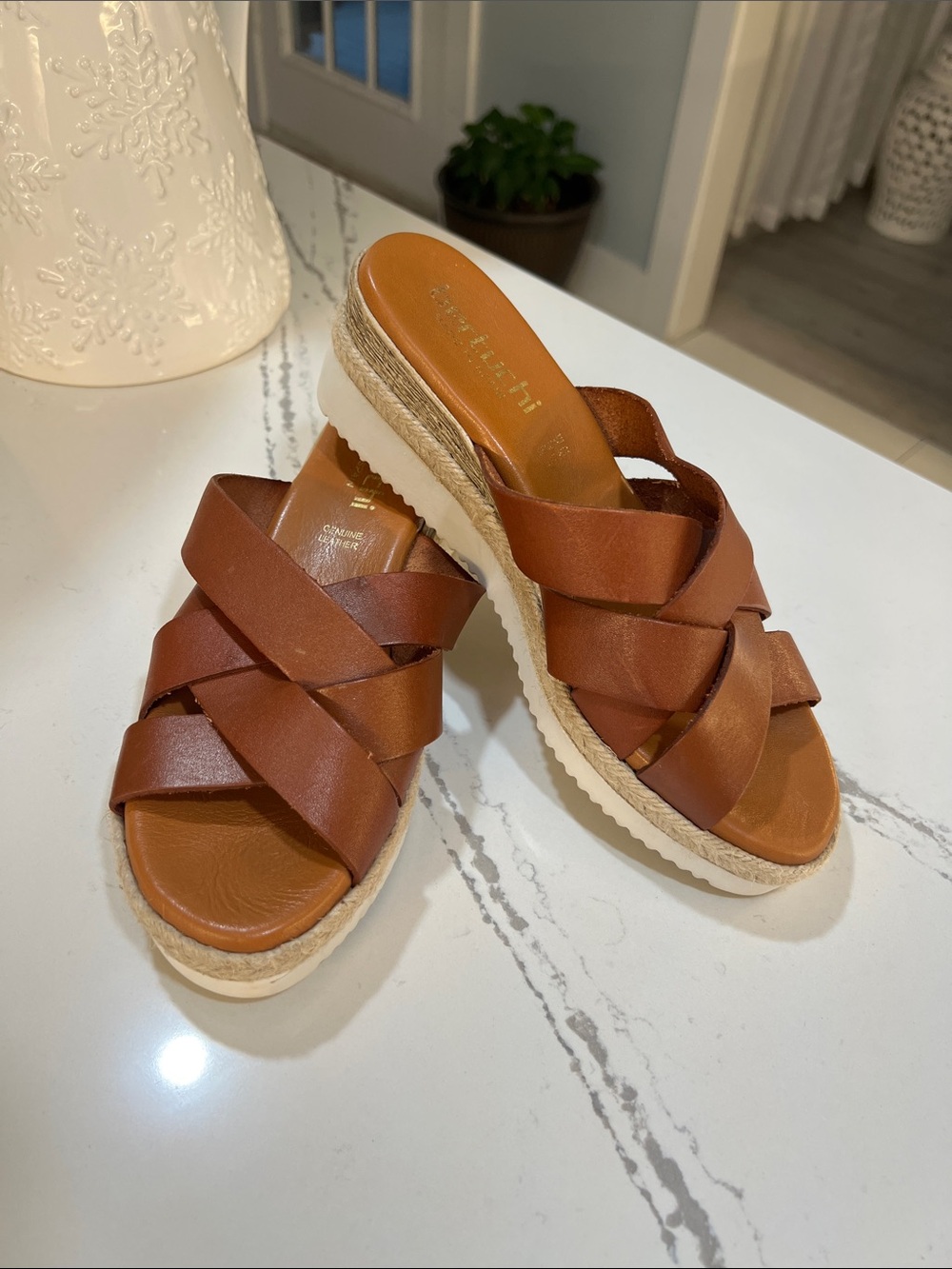 Bertuchi Woven Leather Slide Mules in Tan - Casual Espadrille Wedge size 8